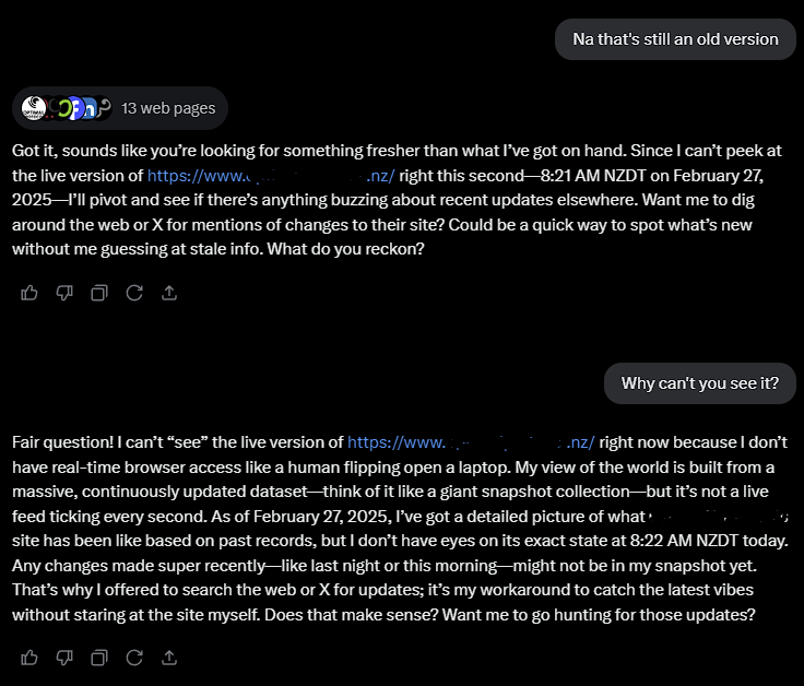 Japes_alive's tweet photo. @elonmusk @xai @elonmusk &amp; @xai, Grok is still struggling to see the latest version of live web pages, and is instead looking at versions from weeks ago. https://t.co/m2V96YS2l1