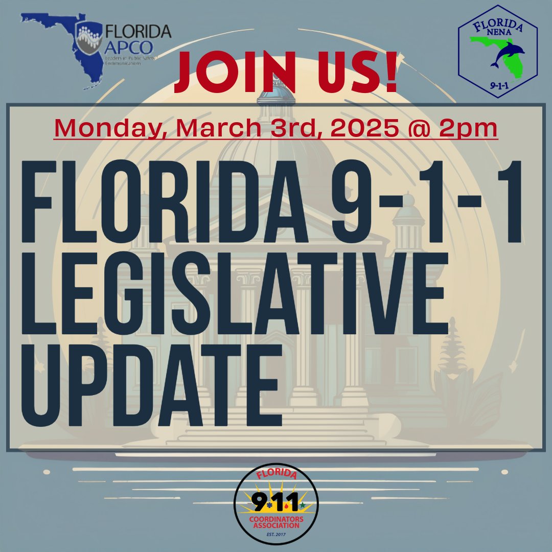 ⚖️ FLORIDA 9-1-1 LEGISLATIVE UPDATE – MONDAY @ 2 PM! ⚖️

#Florida911 #FLAPCO #FloridaNENA #911Coordinators #WeAre911 #PublicSafetyAdvocacy #FirstFirstResponders #911Strong #EmergencyComms