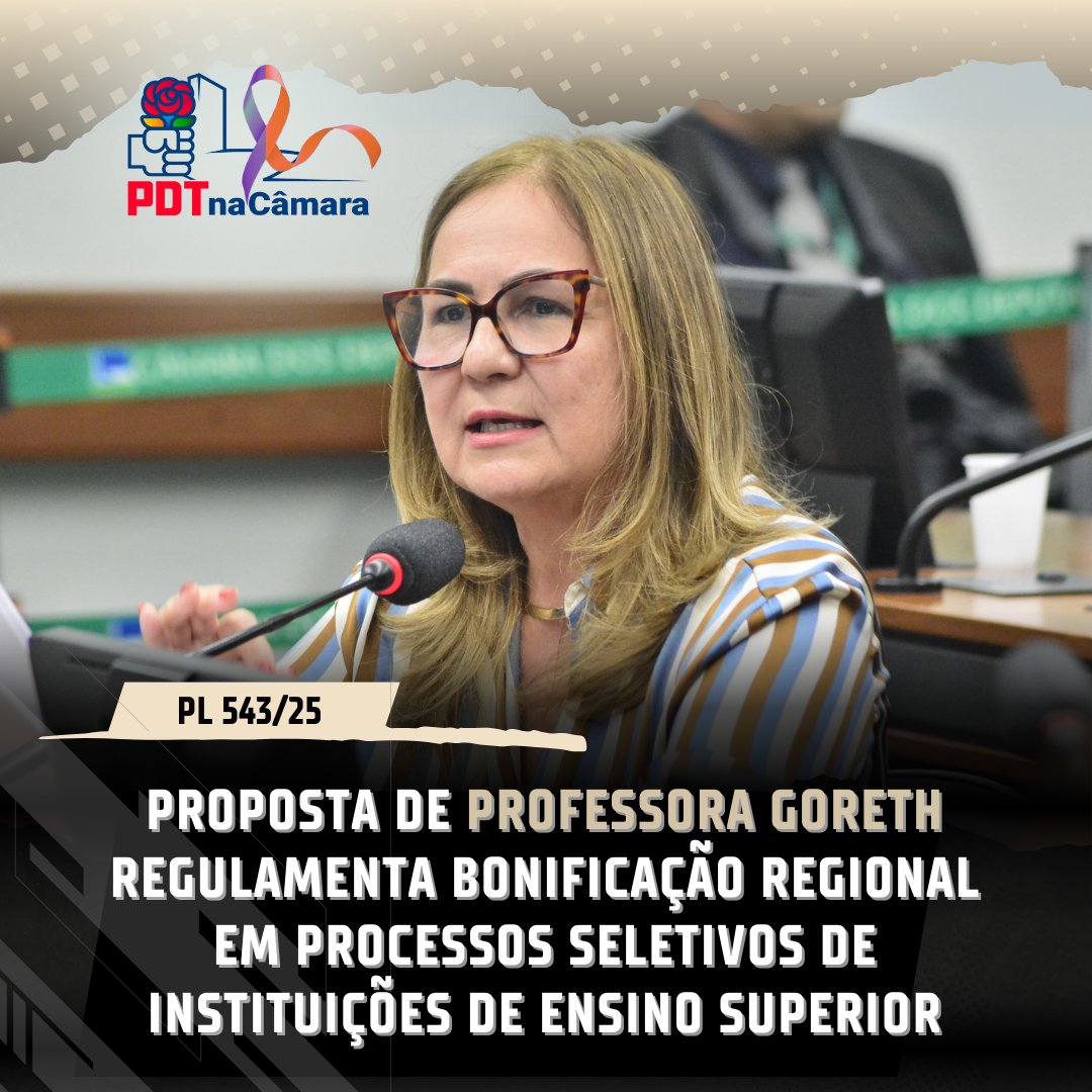 PDT na Câmara (@pdtnacamara) on Twitter photo Está em análise na Câmara dos Deputados o projeto (PL 543/25), de autoria da deputada <a href="/profgoreth/">Professora Goreth</a> (PDT-AP), que regulamenta a bonificação regional para estudantes nos processos seletivos para ingressar em instituições federais de ensino superior.
encurtador.com.br/ZtHeP Está em análise na Câmara dos Deputados o projeto (PL 543/25), de autoria da deputada <a href="/profgoreth/">Professora Goreth</a> (PDT-AP), que regulamenta a bonificação regional para estudantes nos processos seletivos para ingressar em instituições federais de ensino superior.
encurtador.com.br/ZtHeP