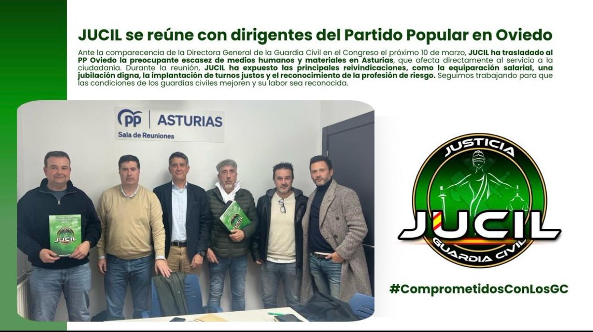 Nos hemos reunido con los dirigentes del Partido Popular <a href="/PP_Ovd/">PP Oviedo</a> de Oviedo.

¿Qué temas hemos tratado?

▪️Equiparación salarial.
▪️Jubilación Digna.
▪️Profesión de Riesgo.
▪️Implantación de turnos justos.
▪️Escasez de medios humanos y materiales en Asturias.
#EquiparacionYa