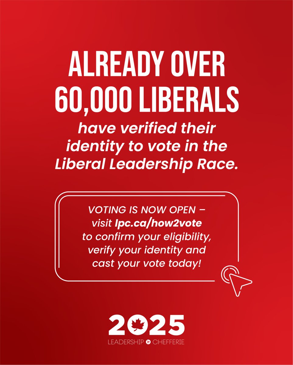 Over 20,000 people have already cast their votes for the next Liberal Leader!

If you haven’t yet confirmed your eligibility and verified your identity, visit lpc.ca/how2vote now to get started!