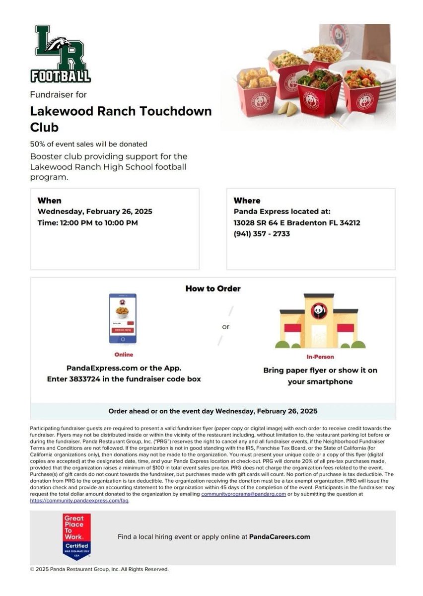 If you don't feel like cooking tonight, stop Panda Express today between 12:00 &amp; 10:00pm, please mention the Lakewood Ranch Touchdown Club or show this flyer. 50% of proceeds will be donated back to our program from today 🐎💚

If you order on the app the code is - 415534