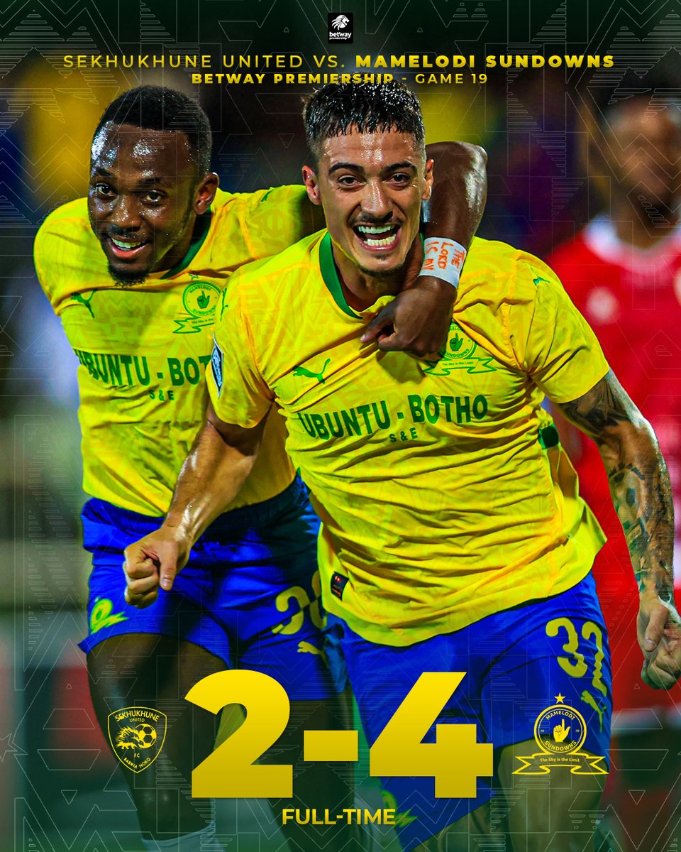 Three points secured, back in action on Saturday! 💪🔥

Sekhukhune United (35’ Otladisa, 70’ Makgalwa) 2️⃣➖4️⃣ Mamelodi Sundowns (16’ Morena, 39’ Suarez, 55’ Ribeiro, 66’ Sales)

#Sundowns #BetwayPrem #RabatsenaGape