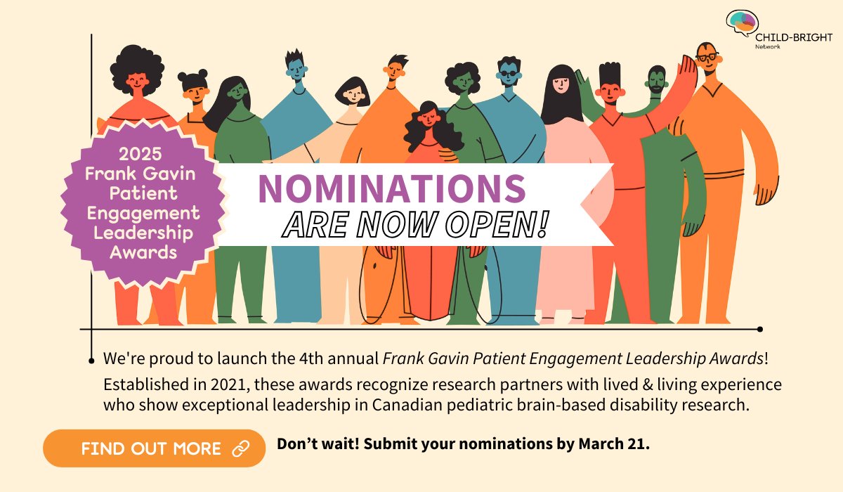 🏅Do you know a youth or family research partner with proven leadership in brain-based disability research? If so, nominate them for our 2025 Frank Gavin Patient Engagement Leadership Awards by March 21: child-bright.ca/frank-gavin-pa…