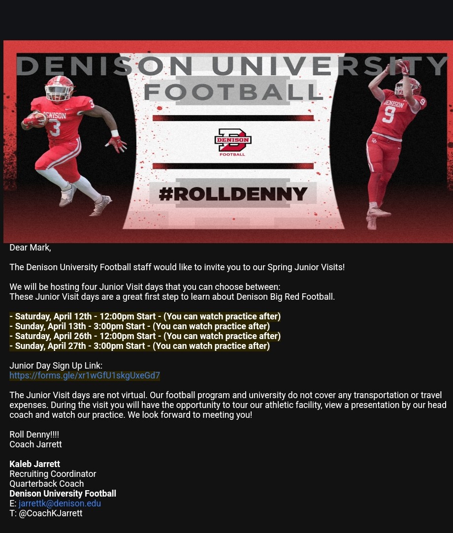 Thank you for the junior day invite! <a href="/DUFootball/">Denison Football</a> <a href="/CoachKJarrett/">Kaleb Jarrett</a>