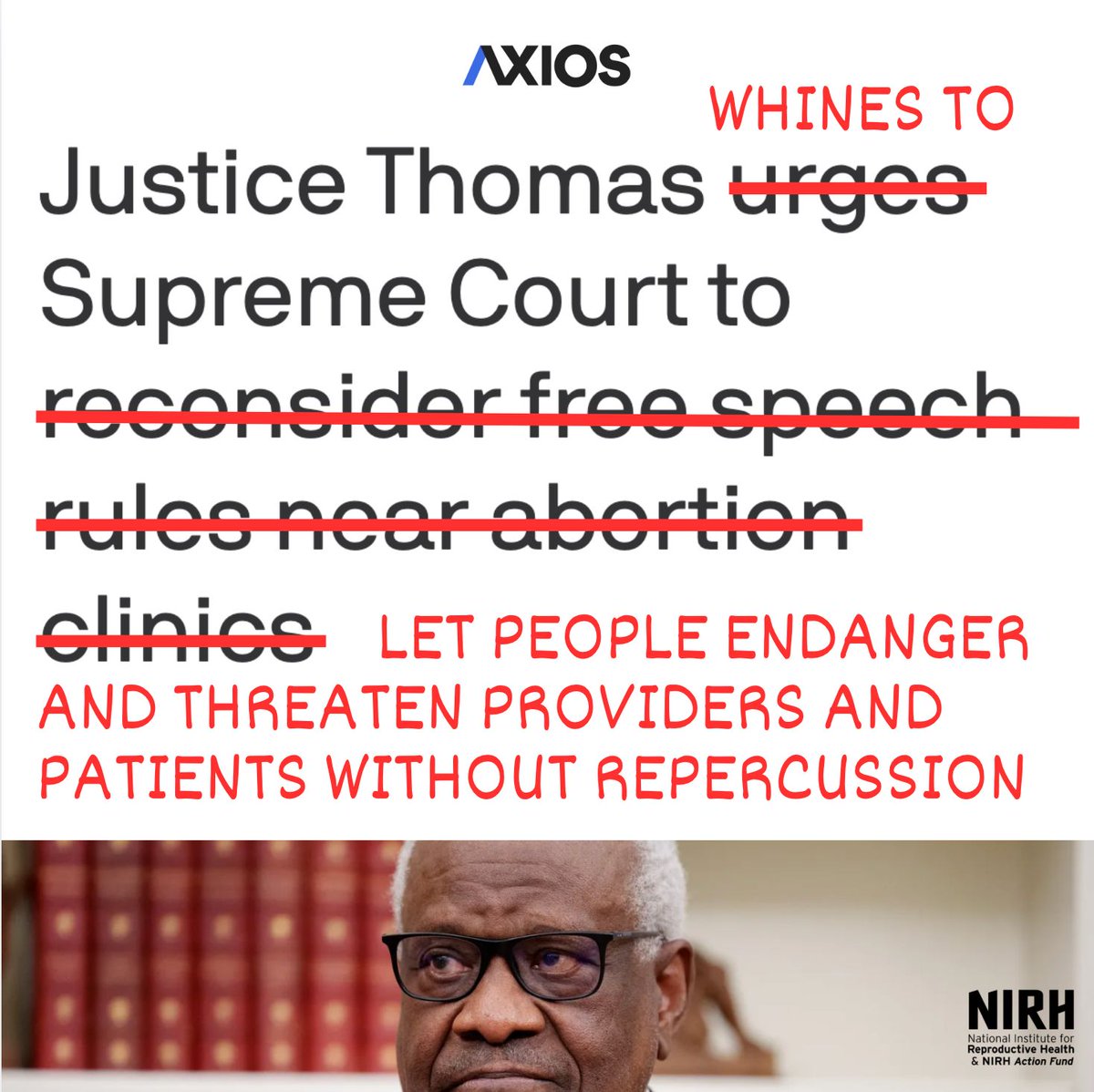 ICYMI, this week the Supreme Court declined to take up an anti-abortion case that aimed to eliminate “buffer zones” outside of clinics. Do NOT think that Clarence Thomas cares about the constitution. He is trying to protect his anti-abortion billionaire buddies and their agenda.