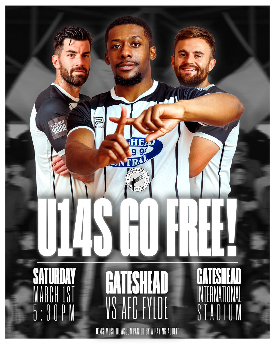 Gateshead's professional football club needs YOU 🫵🚨

U14s can watch Gateshead for FREE* at the GIS - with <a href="/AFCFylde/">AFC Fylde</a> next up on Saturday! 🏁🙌

Secure your seat online 👉 bit.ly/GFCvsFylde

*must be accompanied by a paying adult

#WorClub ⚪️⚫️