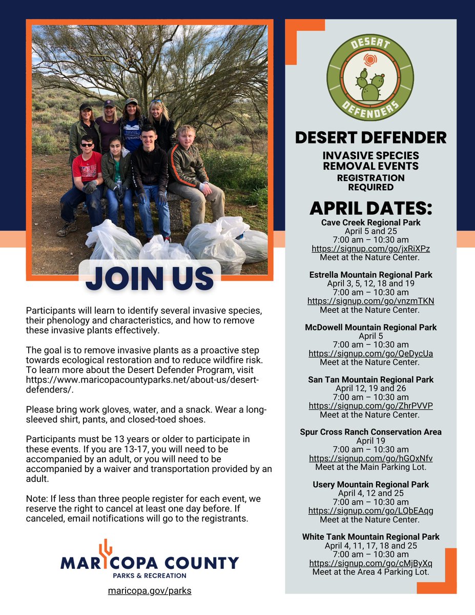 Join us this April for our Desert Defender Invasive Species Removal Events! Participants will learn to identify several invasive species, how the season and climate variations impact their life cycles, characteristics, and more. Event information at maricopacountyparks.net/about-us/deser…