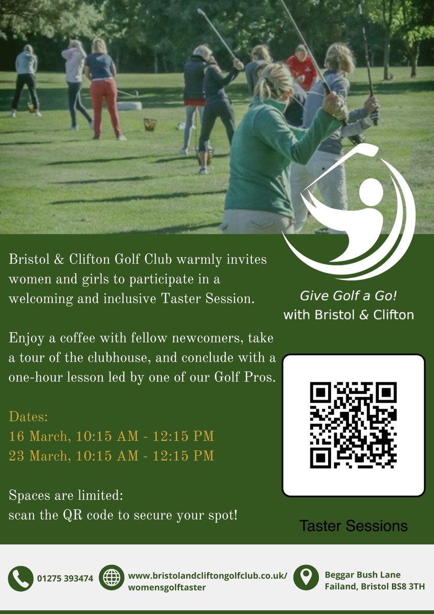 Glos Ladies Golf (@glcga) on Twitter photo Give Golf a Go at <a href="/BandCGolfClub/">Bristol & Clifton GC</a>
Free golf taster sessions for women/girls on 16 & 23 March between 1015-1215 hrs. Limited spaces available so book NOW!! Scan the QR code or register at: bristolandcliftongolfclub.co.uk/womensgolftast… Give Golf a Go at <a href="/BandCGolfClub/">Bristol & Clifton GC</a>
Free golf taster sessions for women/girls on 16 & 23 March between 1015-1215 hrs. Limited spaces available so book NOW!! Scan the QR code or register at: bristolandcliftongolfclub.co.uk/womensgolftast…