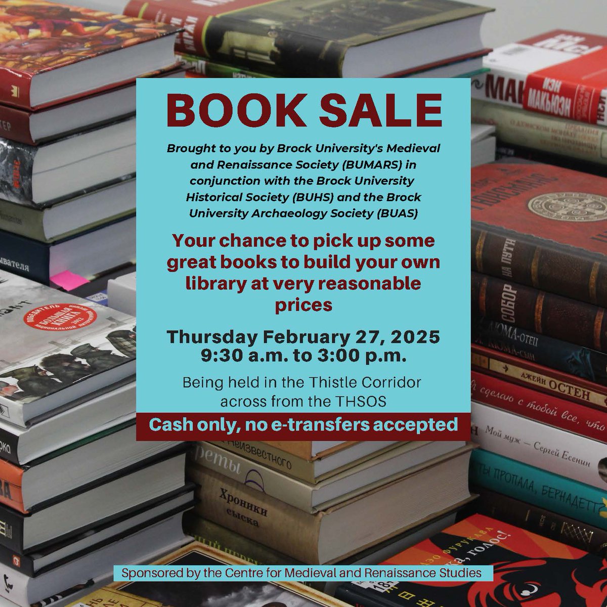 Brock History Dept (@historybrocku) on Twitter photo TOMORROW is the <a href="/BrockHistorical/">Brock Historical</a> <a href="/BrockUMedieval/">BUMARS</a>  Book Sale!! 
Visit us in the Thistle Corridor between 9:30am- 3:00pm to pickup some new reads.
This event is cash only. See you there!!
#brockuhistory TOMORROW is the <a href="/BrockHistorical/">Brock Historical</a> <a href="/BrockUMedieval/">BUMARS</a>  Book Sale!! 
Visit us in the Thistle Corridor between 9:30am- 3:00pm to pickup some new reads.
This event is cash only. See you there!!
#brockuhistory