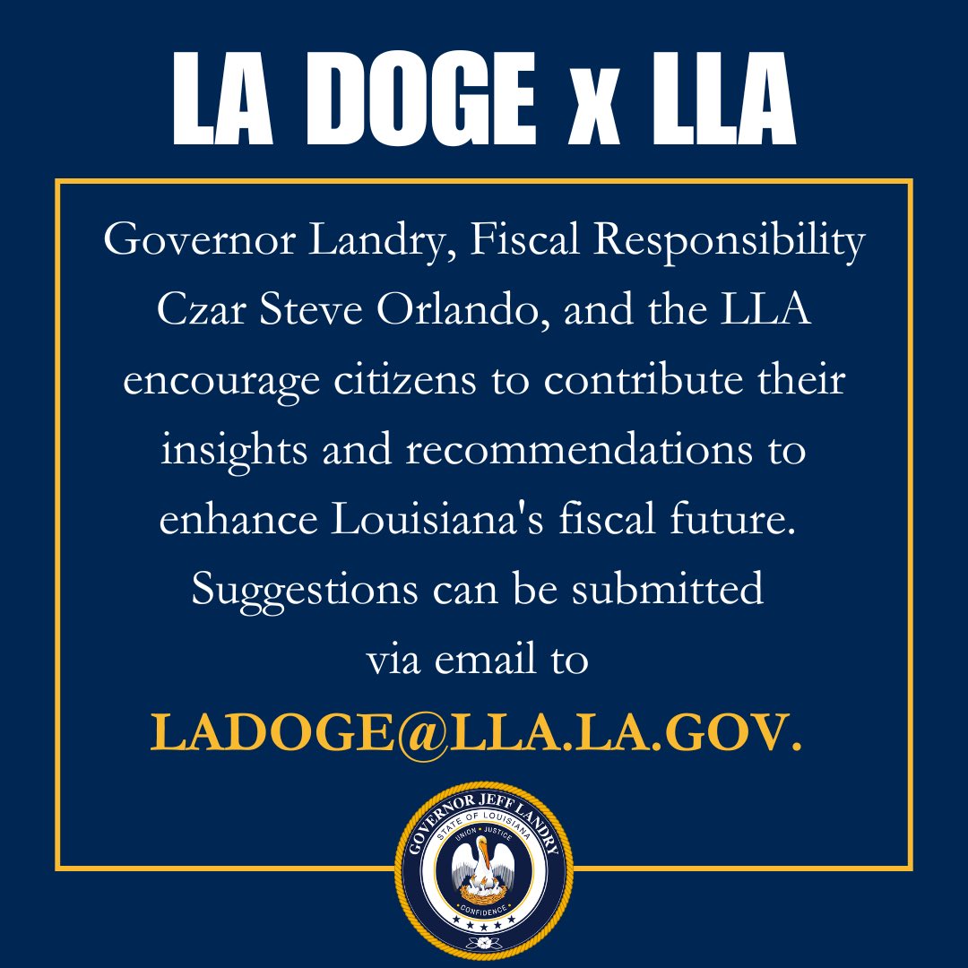 Governor Jeff Landry (@lagovjefflandry) on Twitter photo LA DOGE š¤ LLA
Letās make our government more fiscally responsible! Email all suggestions to LADOGE@LLA.LA.GOV LA DOGE š¤ LLA
Letās make our government more fiscally responsible! Email all suggestions to LADOGE@LLA.LA.GOV