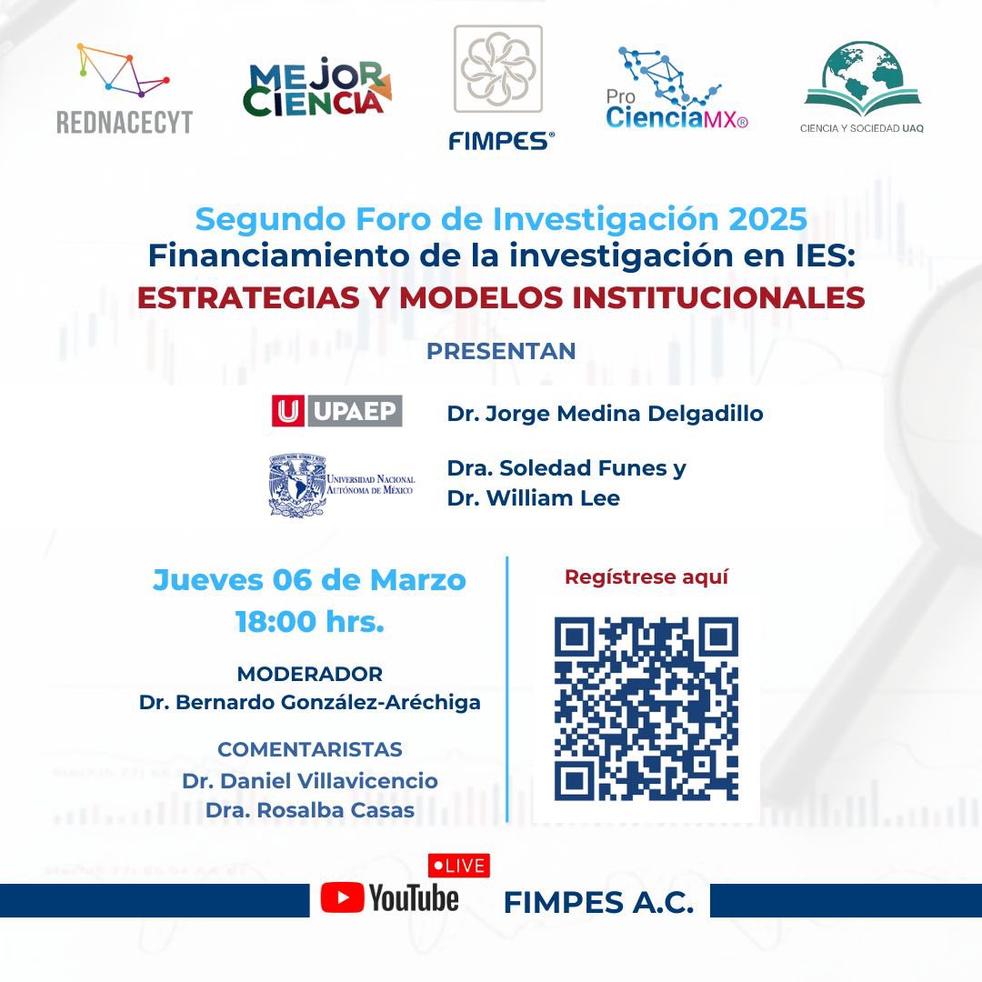 📣Segundo Foro: 💰👩🏻‍🔬Financiamiento de la investigación en IES: Estrategias y modelos institucionales

📍Jueves 6 de marzo 
⏰18:00 hrs* 

🖌️Regístrate aquí 👉 fimpes-org-mx.zoom.us/meeting/regist…