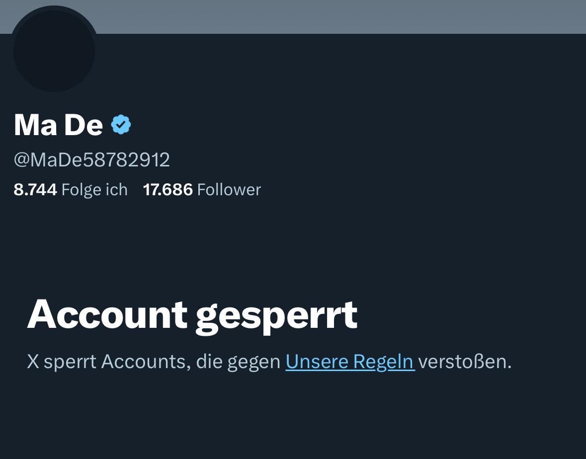 <a href="/Liz__Bolla/">Liz</a> <a href="/UcheMesfin/">Anemone</a> <a href="/MartaMH13/">Tradwife Child of God ✝️🖤❤🦋🔥❣️</a> <a href="/FrqnkSt/">Frqnk</a> <a href="/RealBehind/">Behind_the_Klar_Name</a> @Dany_25_19 <a href="/Jane_Banane_/">Dr. Jane Banane 🍌(Plagiatsfrei)</a> <a href="/Pollenfilter/">Kill Bill</a> ….ich bin auch seit fünf Tagen fast chancenlos, jemals meinen Account entsperrt zu bekommen, es ist zum verzweifeln!