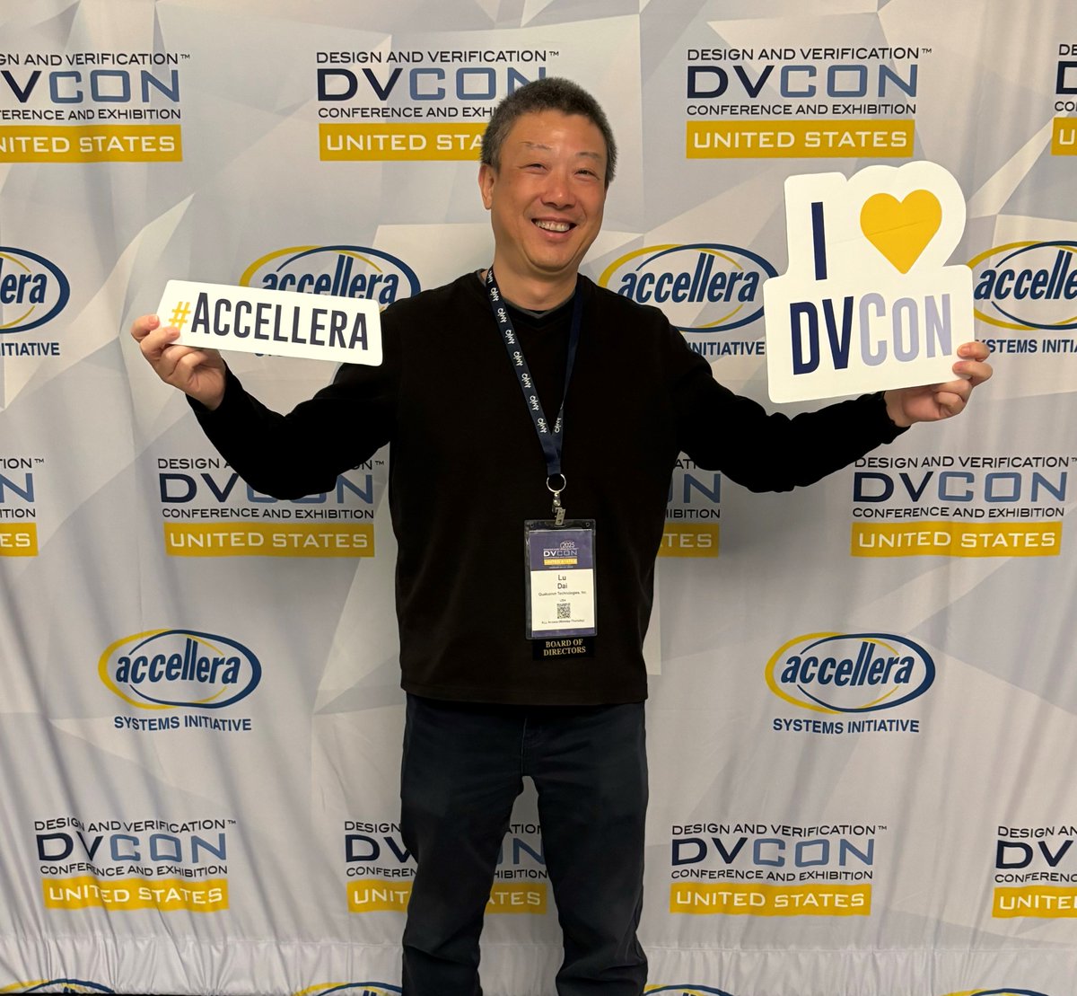 accellera's tweet image. Accellera Chair Lu Dai shows his support for DVCon U.S. 2025! For more on DVCon U.S. 2025 visit dvcon.org For more on Accellera events around the globe visit accellera.org/news/events #DVCon_US #Accellera #EDA #Verification #standards