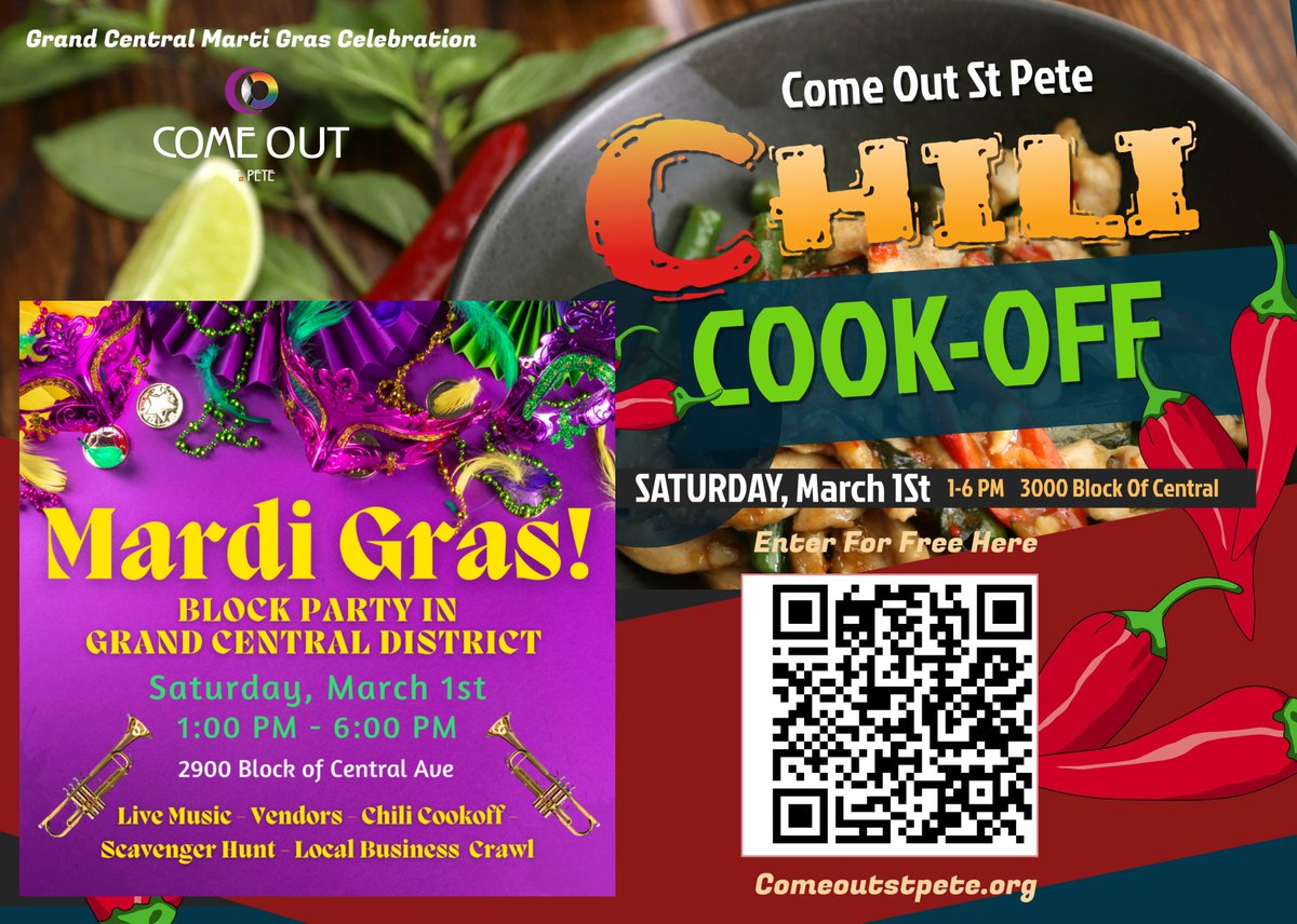 ComeOUTStPete's tweet photo. Still Some space available.  Whether your a vendor or want to make some chili.
Mardi Gras is here, and we’re bringing the party to the 2900 block of Central Ave, partnering with Come Out St. Pete and hosting a local crawl with 8 amazing businesses!
Enjoy:
https://t.co/giUpsmgOv3 https://t.co/ryjiqc4cxc