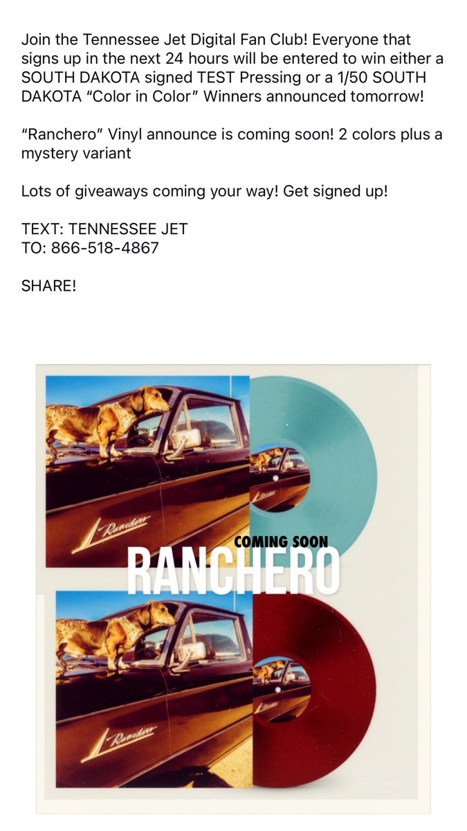 Sign up! 
TEXT: TENNESSEE JET
TO: 866-518-4867