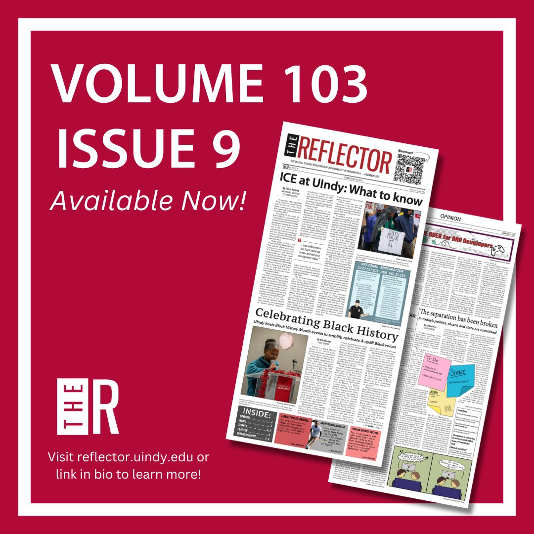 Read about ICE policies at UIndy, celebrating Black History Month, Dana Benbow and more in the latest issue of The Reflector. In print or online at reflector.uindy.edu
#Indy #StudentNews #UIndy