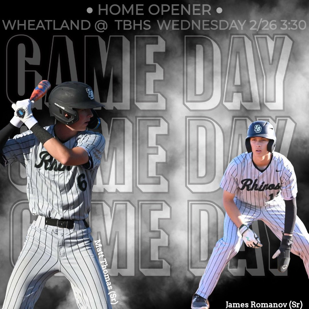 Rhinos Home Opener TODAY…. 

It’s going to be a beautiful day for some baseball. Both Varsity &amp; JV will take on Wheatland Pirates at home. First pitch 3:30. @tbhsboosters @tbrhinoathletics