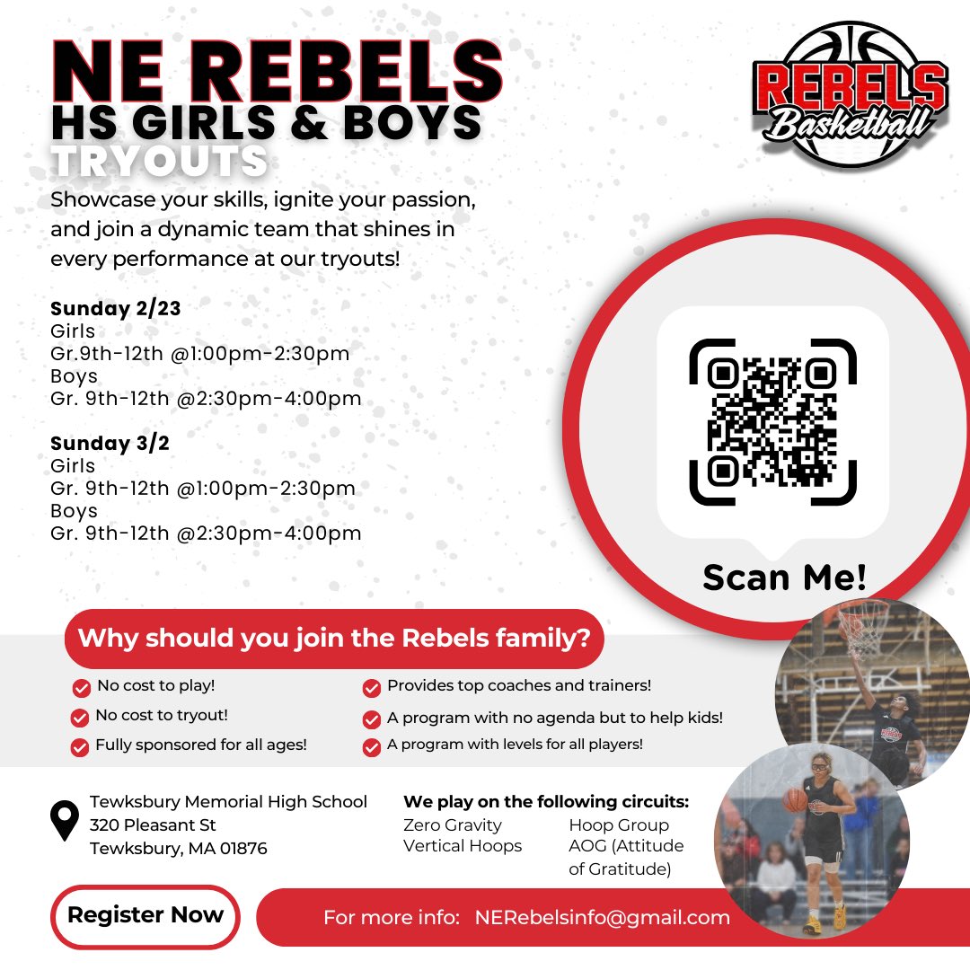 Freshman and JV seasons coming to an end! It’s never too early to start thinking about how you will get better for next season. 
NE Rebels HS Tryouts continue this weekend. Come see what we are about! 
It’s also free!