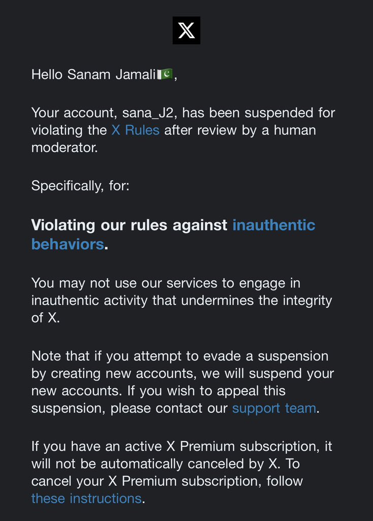 My friend Sanam Jamali got her <a href="/X/">X</a> account suspended for supposed 'inauthentic behavior'—they think she’s a bot! 

The kicker? When she tried to appeal, a real bot shot her down. 

<a href="/elonmusk/">Elon Musk</a> <a href="/premium/">Premium</a>, can you please bring back <a href="/sana_J2/">Sanam Jamali🇵🇰</a>?"