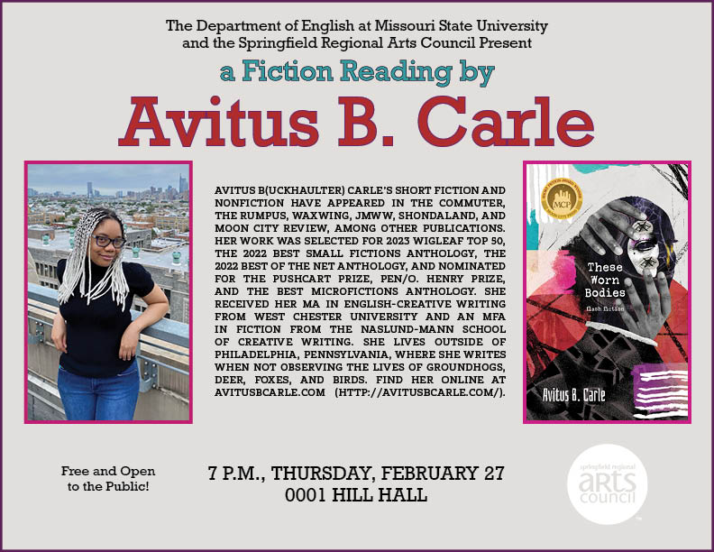 Moon City Press (@mooncitypress) on Twitter photo Reminder: <a href="/avitusbcarle/">Avitus B. Carle (she/her)</a> will be reading at <a href="/MissouriState/">Missouri State</a> tomorrow night. See the flyer for all the details! Reminder: <a href="/avitusbcarle/">Avitus B. Carle (she/her)</a> will be reading at <a href="/MissouriState/">Missouri State</a> tomorrow night. See the flyer for all the details!