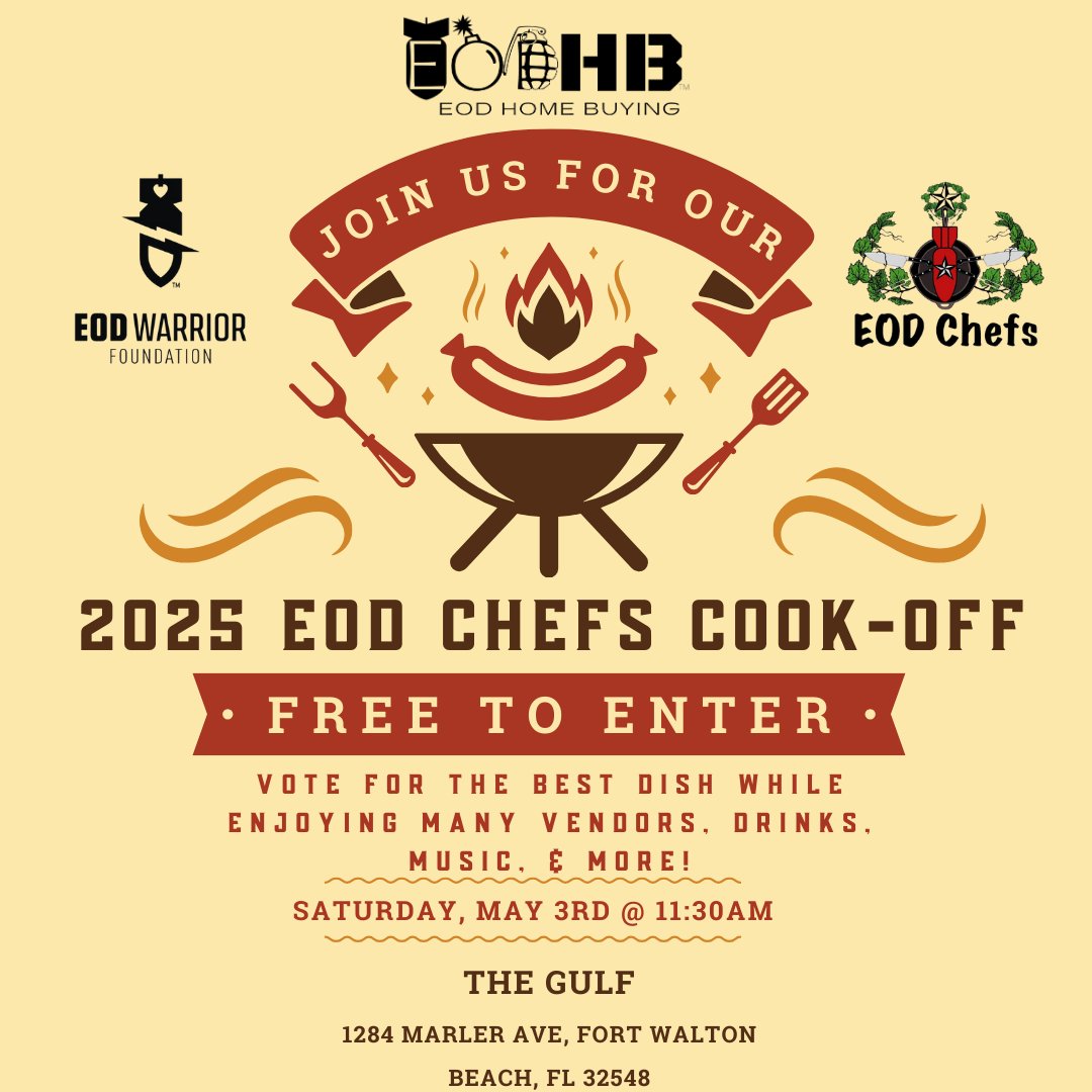 EODWarrior's tweet photo. π₯π³ Join Us for the 2025 EOD Chefs Cook-Off! π³π₯
π
Date: Saturday, May 3rd, 2025
β° Time: 11:30 AM β 3:00 PM
π Location: The Gulf β 1284 Marler Ave, Fort Walton Beach, FL 32548
#EODChefsCookOff #SupportEOD #EODWarriorFoundation #2025EODWeekend https://t.co/LYG1GpQLQN