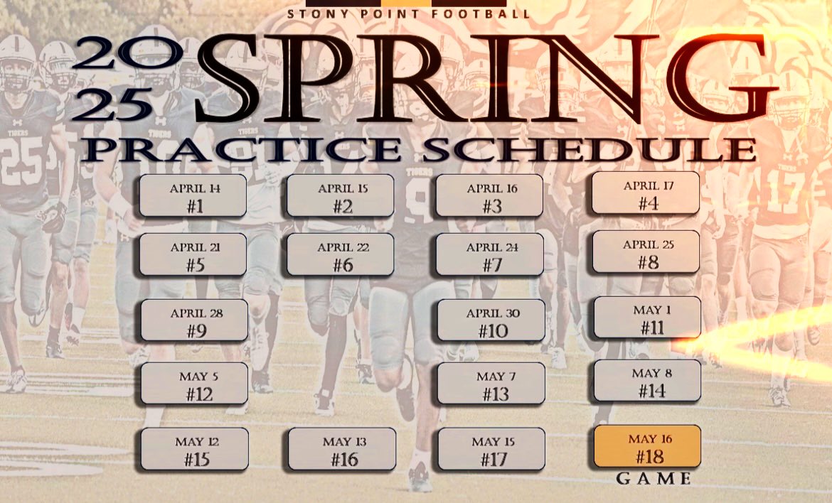 2025 spring practice schedule is up!! All dates and times are subject to change.  Updates will be posted on Twitter, SportsYou, and remind101.

Excited to get back to the field!