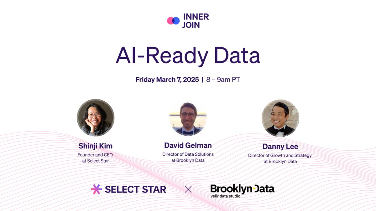 Brooklyn Data Co. (a Velir company) (@brooklyndata) on Twitter photo Is your data ready for AI? 🤖📊
Join Brooklyn Data and <a href="/selectstarhq/">Select Star</a> on March 7 for a discussion on:
🔍 What AI-ready data really means
⚠️ Common pitfalls to avoid
💡 Tips for getting your data AI-ready
📊 Real-world case studies
Save your spot! 🔗 ow.ly/zvLa50V77Hx Is your data ready for AI? 🤖📊
Join Brooklyn Data and <a href="/selectstarhq/">Select Star</a> on March 7 for a discussion on:
🔍 What AI-ready data really means
⚠️ Common pitfalls to avoid
💡 Tips for getting your data AI-ready
📊 Real-world case studies
Save your spot! 🔗 ow.ly/zvLa50V77Hx