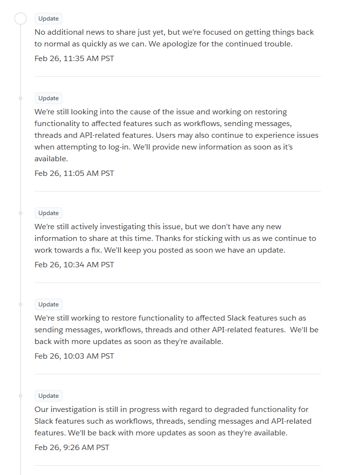 Thanks to LLM, Slack can have 15+ incident updates saying the exactly same thing without repeating even once.