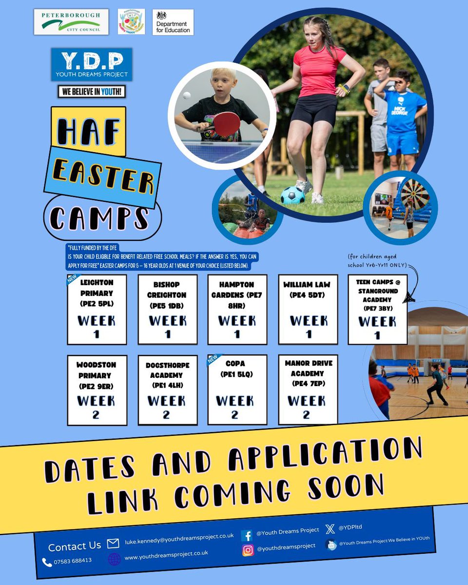 We are absolutely delighted to announce that we will be delivering HAF Holiday Clubs again this Easter 🐣 

Thank you to <a href="/PeterboroughCC/">Peterborough City Council</a> for enabling these clubs to happen 🙏

LOTS of venues to choose from 😀 

Dates, times and application link will be released soon 👀