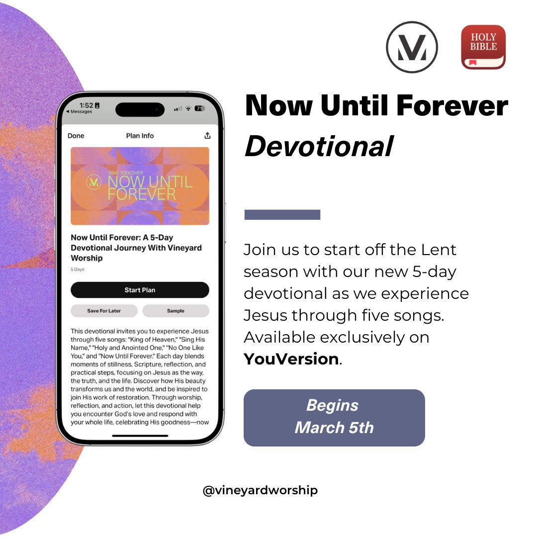 🌿 Join Us for a 5-Day Devotional Journey 🌿

Starting March 5th, we’re inviting you to dive deep into worship &amp; reflection through “Now Until Forever,” a special 5-day devotional inspired by some of our songs. ✨

 Visit bible.com/en/reading-pla… to get started! 🙌