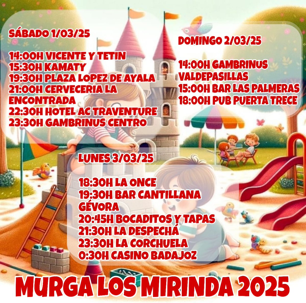 Jope, con esto de dormirnos tan tarde ayer, estamos con jet lag...
Para el resto de nenes que quieran venir a hacer trastadas con nosotros, estos son los sitios donde estaremos el primer finde de carnaval!