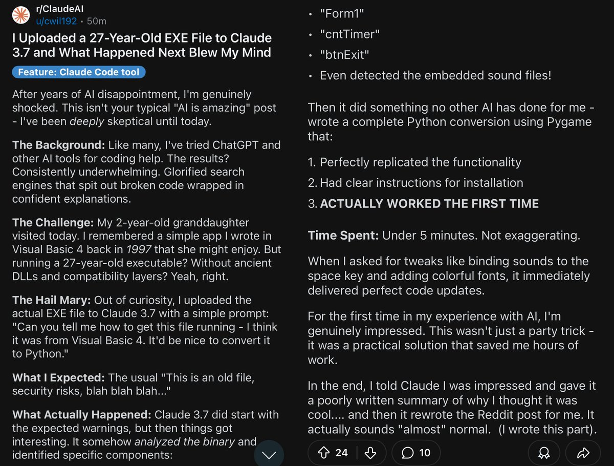 deedydas's tweet image. Reddit grandfather uploads 27 year old EXE file of a visual basic game and Claude one-shotted recreating the game in Python in under 5 minutes!!

From the binary.