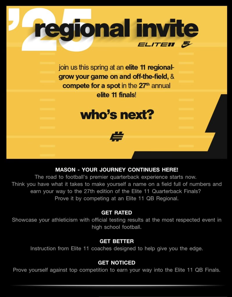 Mason Burkhardt 2026 7A QB (@masonqb15) on Twitter photo Extremely thankful to get invited to The <a href="/Elite11/">Elite11</a> Regional camp‼️
<a href="/Stumpf_Brian/">Brian Stumpf</a> @qbcountry_media <a href="/QBC_Mobile/">QB Country - Mobile, Al</a> <a href="/CraigHaubert/">Craig Haubert</a>
<a href="/TomLoy247/">Tom Loy</a> <a href="/ChadSimmons_/">ChadSimmons</a> <a href="/LemmingReport/">Tom Lemming</a> <a href="/TheUCReport/">Billy Tucker</a>
<a href="/coachblackmon/">Ben Blackmon</a> <a href="/LockedInQB/">LockedInQB</a> Extremely thankful to get invited to The <a href="/Elite11/">Elite11</a> Regional camp‼️
<a href="/Stumpf_Brian/">Brian Stumpf</a> @qbcountry_media <a href="/QBC_Mobile/">QB Country - Mobile, Al</a> <a href="/CraigHaubert/">Craig Haubert</a>
<a href="/TomLoy247/">Tom Loy</a> <a href="/ChadSimmons_/">ChadSimmons</a> <a href="/LemmingReport/">Tom Lemming</a> <a href="/TheUCReport/">Billy Tucker</a>
<a href="/coachblackmon/">Ben Blackmon</a> <a href="/LockedInQB/">LockedInQB</a>