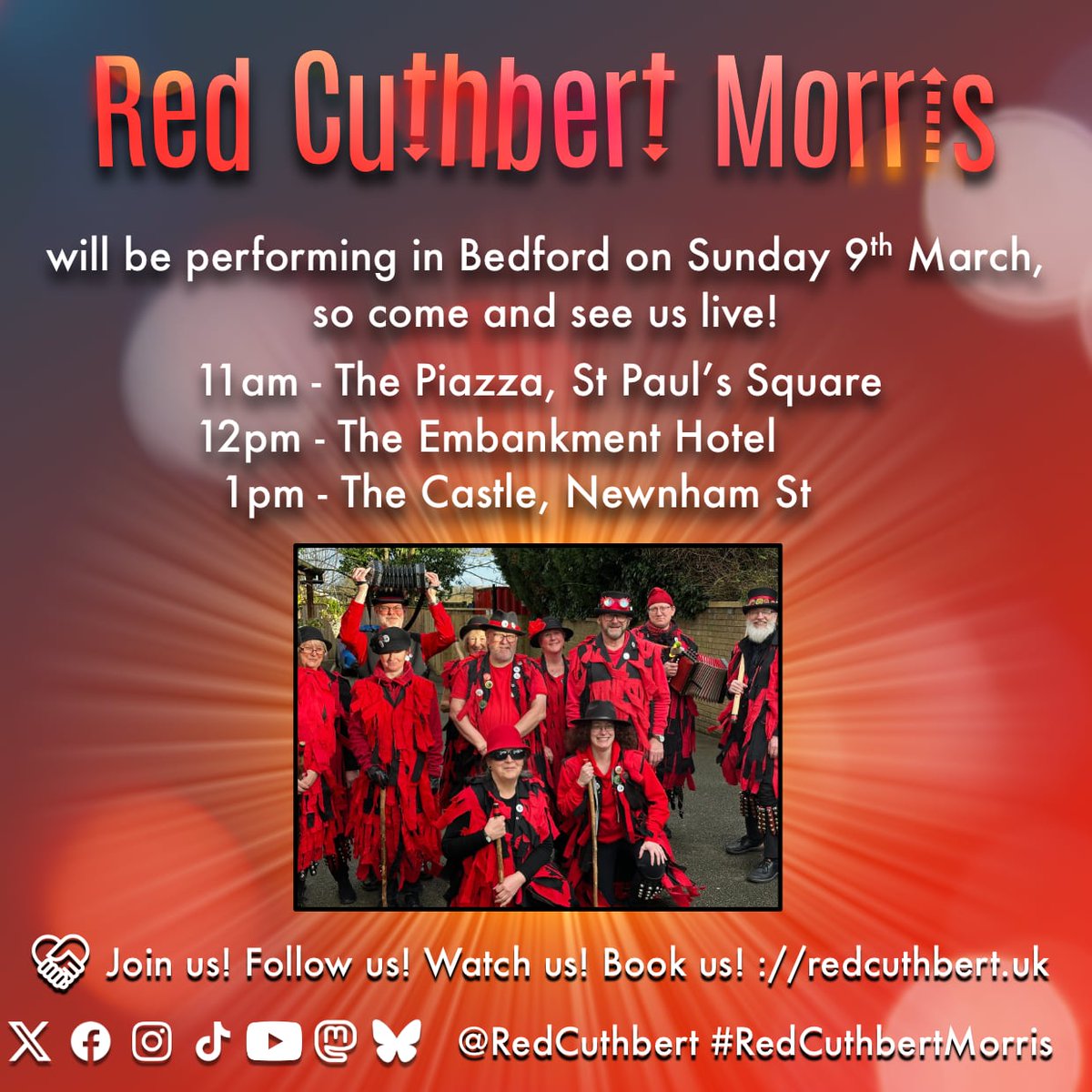 We're performing in Bedford on Sunday 9th Mach, so come and see us live!
11am La Piazza at St Paul’s Square
12pm The Embankment Hotel
1pm The Castle, Newnham Street
#redcuthbert  #morris #bedford