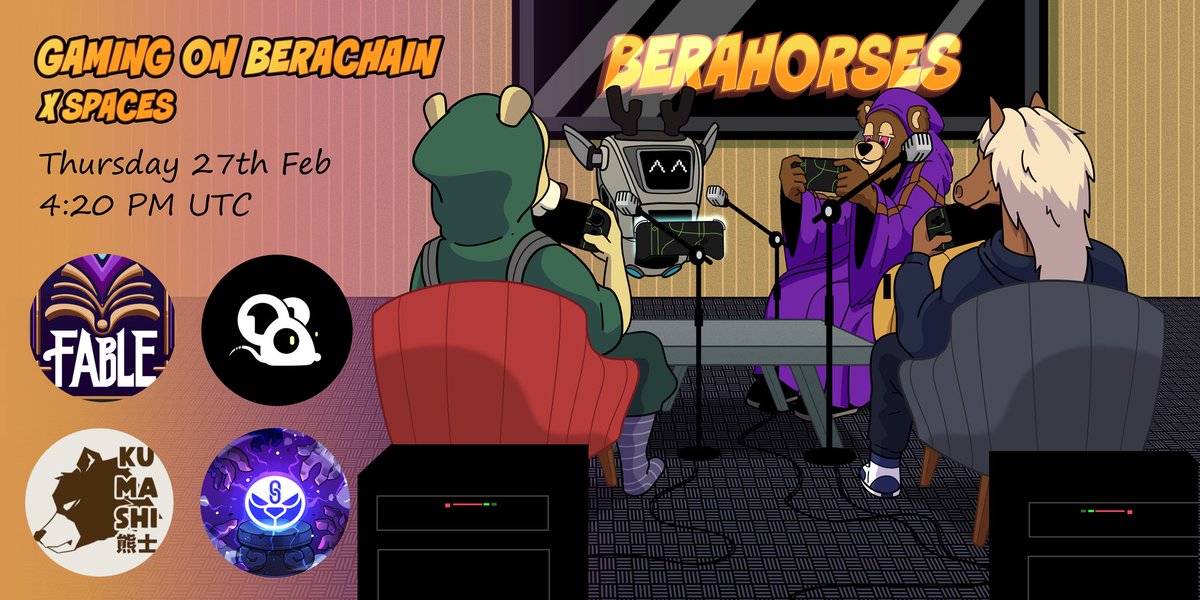 Bera Horses (@berahorses) on Twitter photo GAMING ON BERACHAIN
X-Spaces
Join us Thursday at 4:20PM UTC as we discuss our Alpha Launch, Grand Conquest Rug, live games on mainnet and RPGs in production with:
<a href="/Beramonium/">Beramonium Chronicles(๐ป,๐ง๐ปโโ๏ธ)</a>
<a href="/Fable_Platform/">Fable Platform</a>
<a href="/playonjoy/">JOY</a>
<a href="/KumashiBera/">Kumashi ๐ปโ๏ธ</a>
<a href="/scaaaht/">scott</a>
Set your reminders in the post below!
Neigh GAMING ON BERACHAIN
X-Spaces
Join us Thursday at 4:20PM UTC as we discuss our Alpha Launch, Grand Conquest Rug, live games on mainnet and RPGs in production with:
<a href="/Beramonium/">Beramonium Chronicles(๐ป,๐ง๐ปโโ๏ธ)</a>
<a href="/Fable_Platform/">Fable Platform</a>
<a href="/playonjoy/">JOY</a>
<a href="/KumashiBera/">Kumashi ๐ปโ๏ธ</a>
<a href="/scaaaht/">scott</a>
Set your reminders in the post below!
Neigh