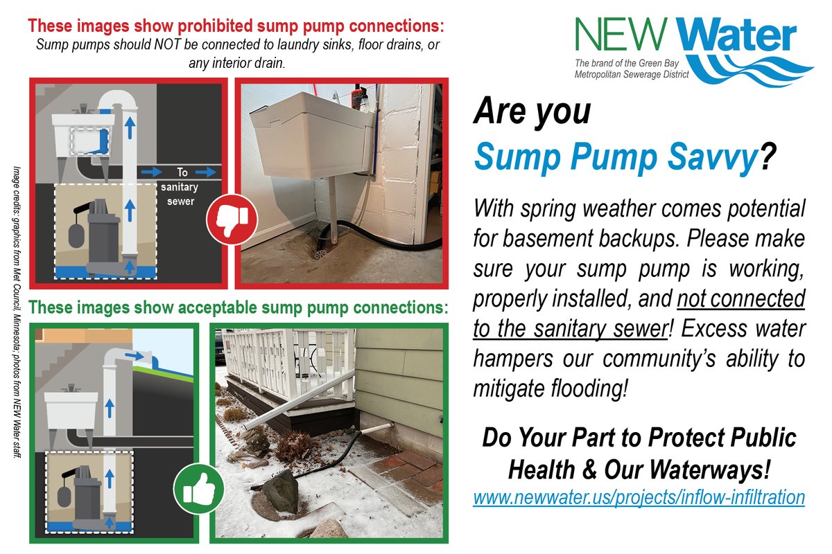 This week is Flood Safety Awareness Week in Wisconsin! Take a moment to check in on your sump pump to ensure it’s working, installed correctly, &amp; is never connected to the sanitary sewer. Learn more: hubs.ly/Q038pGwq0 
#FloodPreparedness #BePreparedBrownCounty
