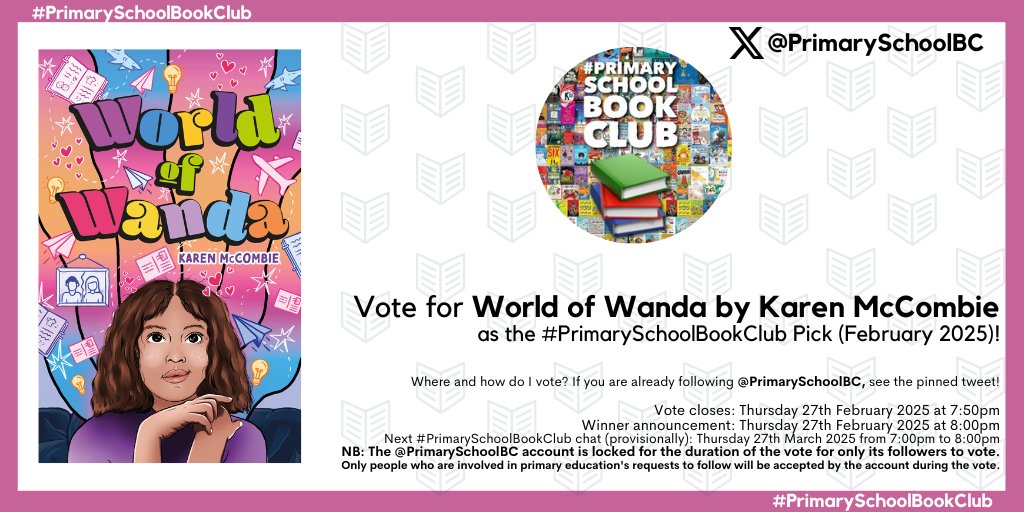 Karen McCombie (@karenmccombie) on Twitter photo WOW!! #WorldOfWanda is included in the #PrimarySchoolBookClub Feb. 2025 vote this evening! Please VOTE, VOTE, VOTE for my backpacking #ADHD heroine, who aches for a home & family that doesn't exist. Or does it...?
Head to <a href="/PrimarySchoolBC/">#PrimarySchoolBookClub</a> & vote for Wanda using the pinned tweet! WOW!! #WorldOfWanda is included in the #PrimarySchoolBookClub Feb. 2025 vote this evening! Please VOTE, VOTE, VOTE for my backpacking #ADHD heroine, who aches for a home & family that doesn't exist. Or does it...?
Head to <a href="/PrimarySchoolBC/">#PrimarySchoolBookClub</a> & vote for Wanda using the pinned tweet!