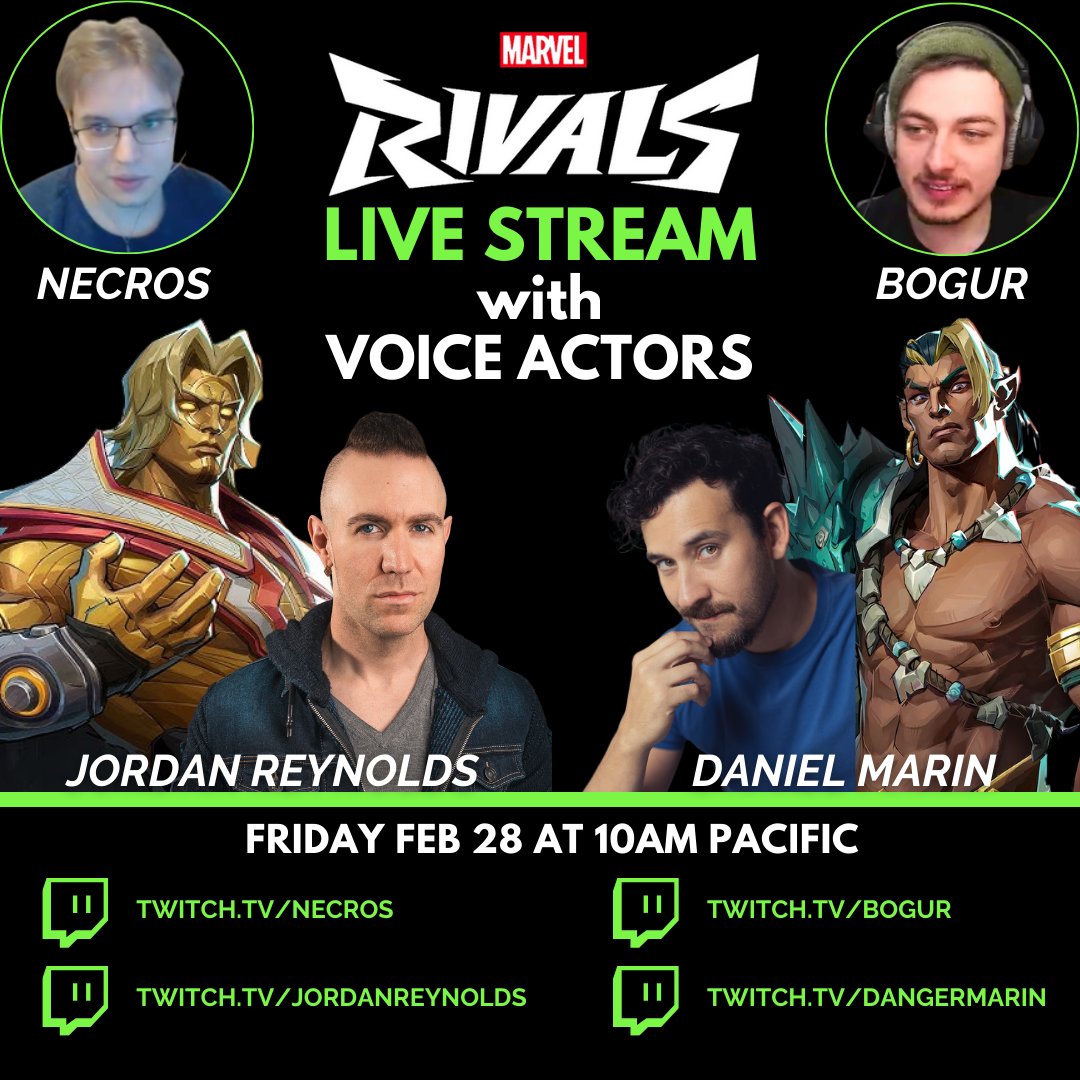 The VA of Namor (Daniel Marin) and I (Adam Warlock) are streaming and playing <a href="/MarvelRivals/">Marvel Rivals</a> with the legendary <a href="/necros_ow/">Necros</a> and <a href="/b0gur/">bogur</a> this Friday! U guys ready to carry us? 😅 Plus some surprise VAs may pop into discord too! #marvelrivals <a href="/Twitch/">Twitch</a>