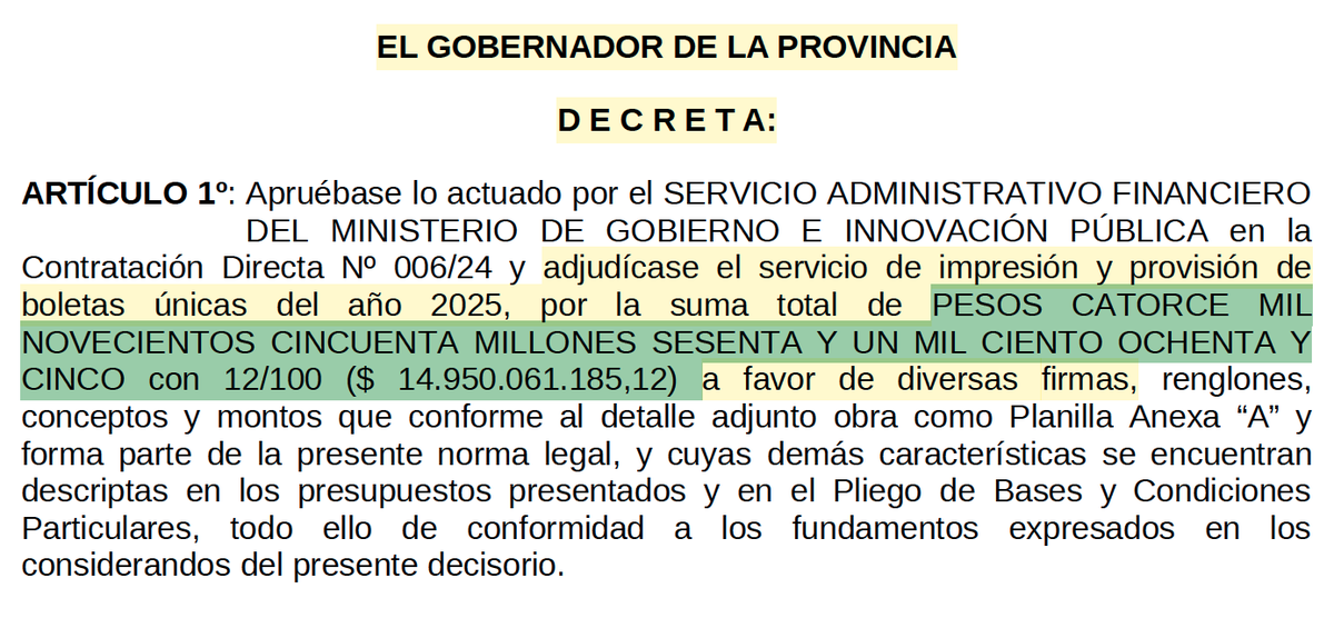 TraductorTeAma's tweet photo. El Gobernador Maximiliano Pullaro le adjudicó por decreto, sin licitación pública, un contrato de $14.950.061.185,12 a unas imprentas para imprimir 13.000.000 de boletas. Cada boleta sale USD 0,94. Cada papelito cuesta casi un dólar, por decreto.

En 2023 el kirchnerista Omar Perotti mandó a imprimir 30.000.000 de boletas por USD 4M; y cada una costó 0,13 USD.
Para algunos la democracia es un kiosco muy grande.

@emalaponte acaba de denuciarlo.