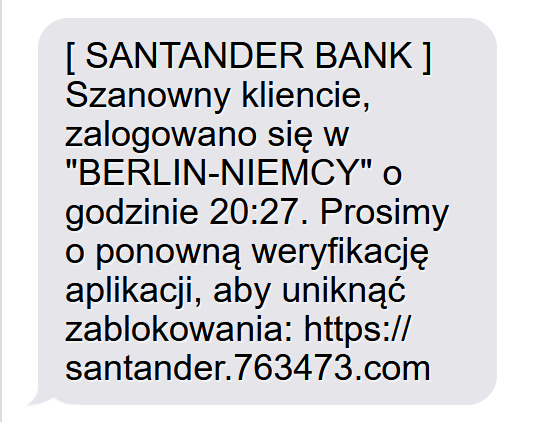 CERT_OPL's tweet photo. Dużo #smishing SMS-ów lata, też na @PKOBP i @SantanderBankPL (tu motyw na "zalogowanie z nieznanego miejsca"). Uważajcie i pamiętajcie - login i hasło do banku wpisujecie WYŁĄCZNIE na stronie banku, sami wpisując adres. A najlepiej używać aplikacji. https://t.co/f1Cdmwkl2a