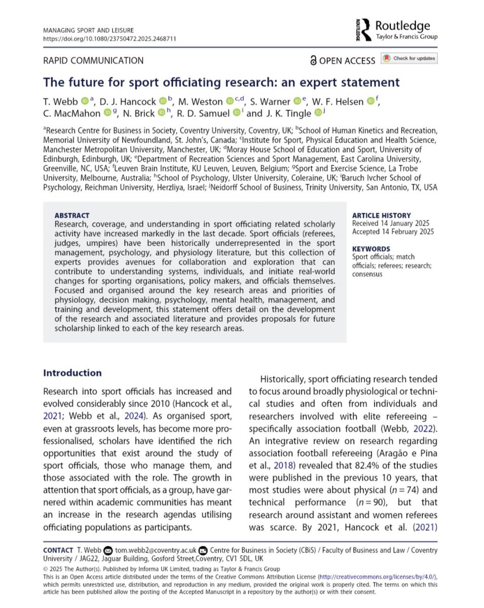 New Publication
"The future for sport officiating: an expert statement"

Sets out priority areas for research to better understand the world that officials operate in and what we can do in practice to best support them.

Link to article (open access): tandfonline.com/doi/full/10.10…