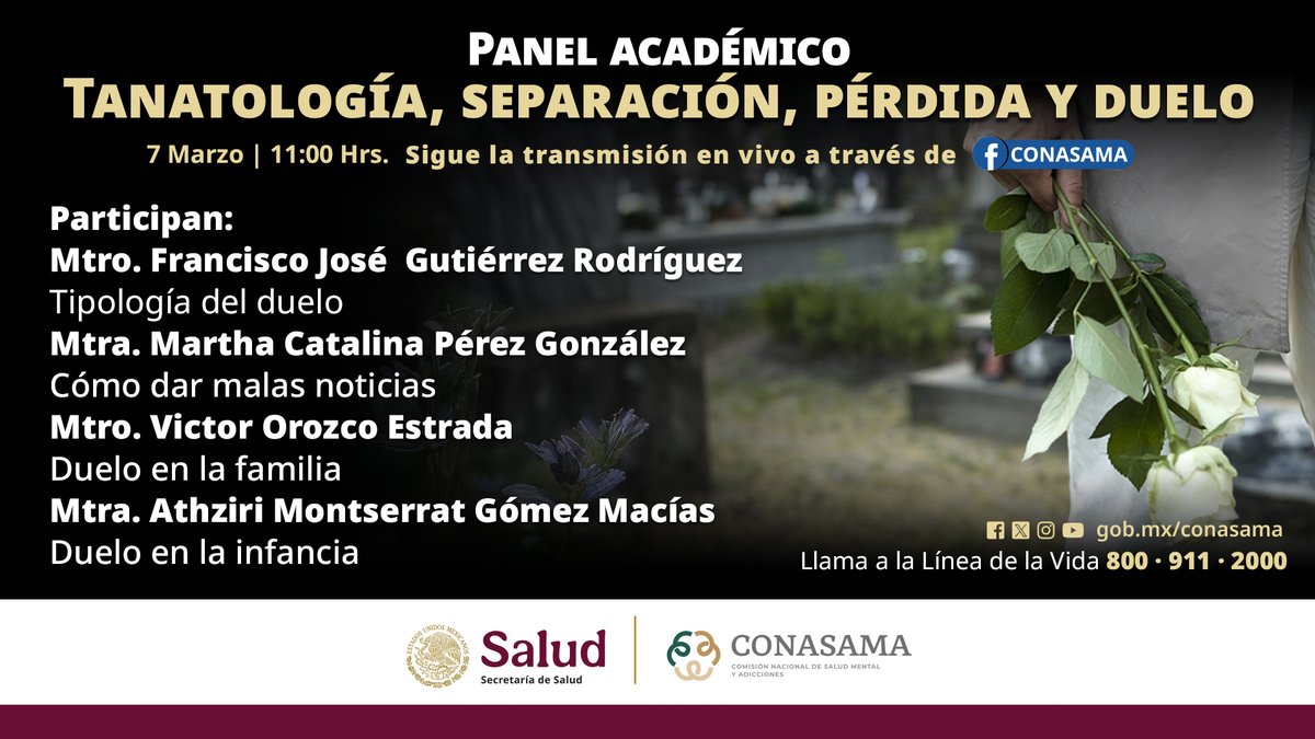 Te invitamos a participar en el Panel Académico: Tanatología, Separación, Pérdida y Duelo

Un espacio para reflexionar y aprender sobre el proceso de duelo. No te pierdas nuestro FB Live con expertos en tanatología.

📅 7 marzo
🕓 11:00 h

#SaludMentalEnAcción
#SaludConasama