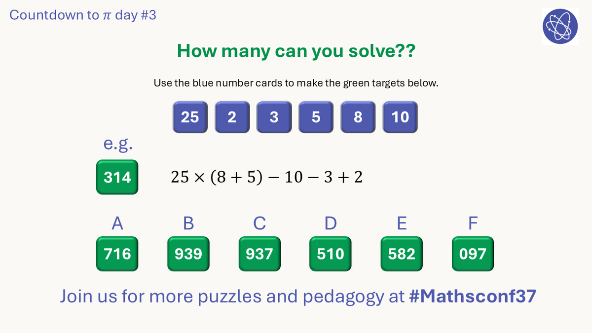 Countdown to Pi day #4

A few tricky ones in here, but all solveable. No need to do in order, unless you are a Pi purist ;)

#mathsconf37
<a href="/LaSalleEd/">Complete Maths</a>