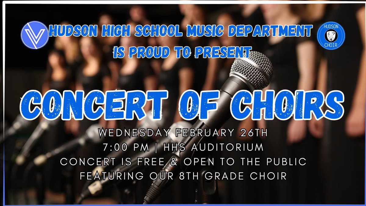 HudsonChoir's tweet photo. The 8th Grade Choir is ready for their chance to share the stage with the HS Choirs! Listen to our preview and then come hear the last glorious chord in person! You’ll be glad you did! 🎶 Life is better when you sing! https://t.co/sue1rbUYMh
