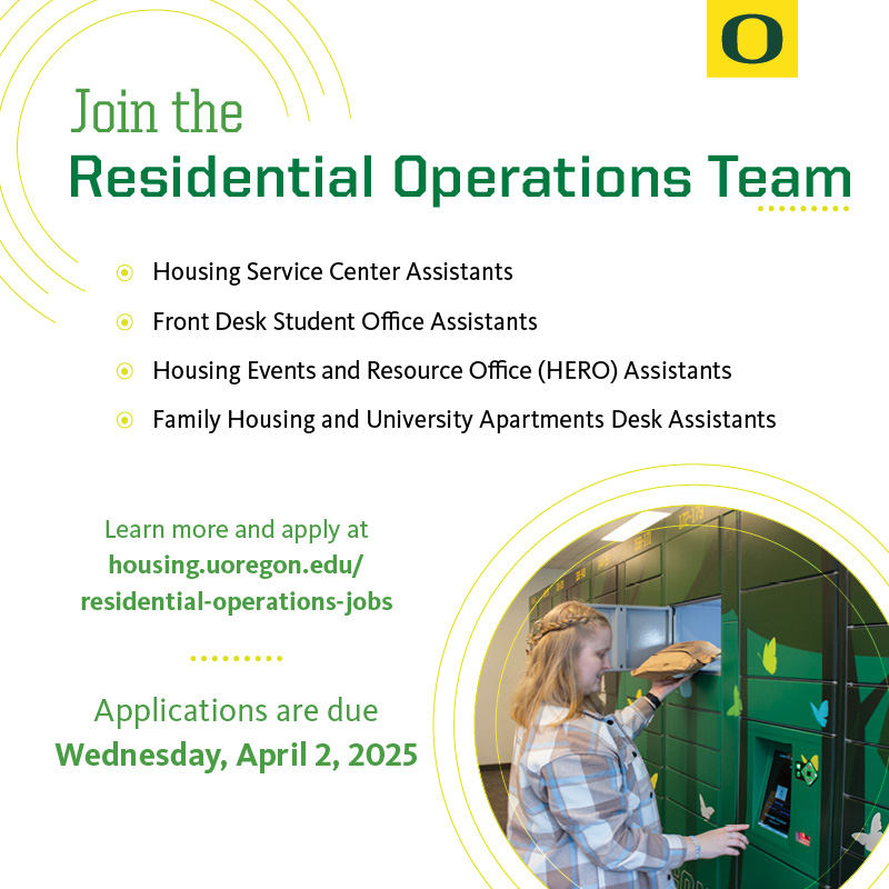 uohousing's tweet image. Join the Residential Operations team in one of our open student staff positions. All positions will begin at a minimum of $14.20/hour. Apply today at oregon.starrezhousing.com/StarRezPortalX…