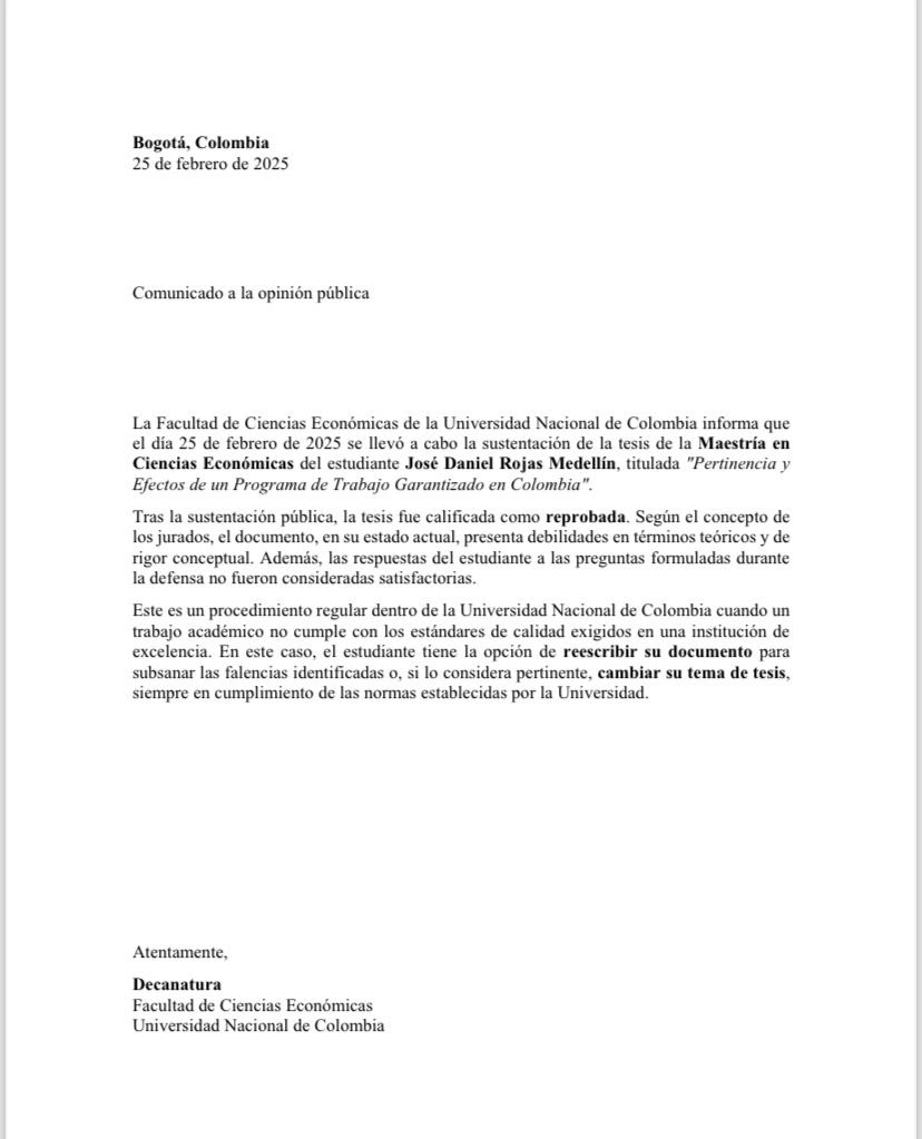 UltimaHoraCR's tweet photo. #ATENCIÓN La Universidad Nacional se pronunció frente a la reprobada tesis del ministro de Educación,  Daniel Rojas, aseguró que según la evaluación de los jurados el documento presenta debilidades en términos teóricos y de rigor conceptual.

Asimismo, afirmó que las respuestas del estudiante a las preguntas formuladas durante la sustentación no fueron consideradas satisfactorias. Vía @CaracolRadio @MarianaNeira12
