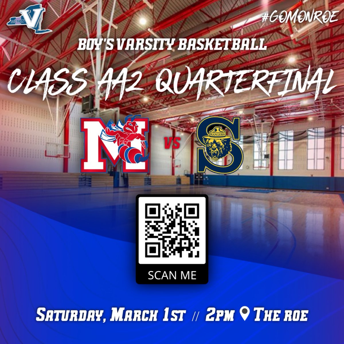 Our boy's basketball team hosts Spencerport this Saturday @ 2:00pm. Tickets MUST be purchased using the QR code (your phone is your ticket) and doors open at 1:30pm.