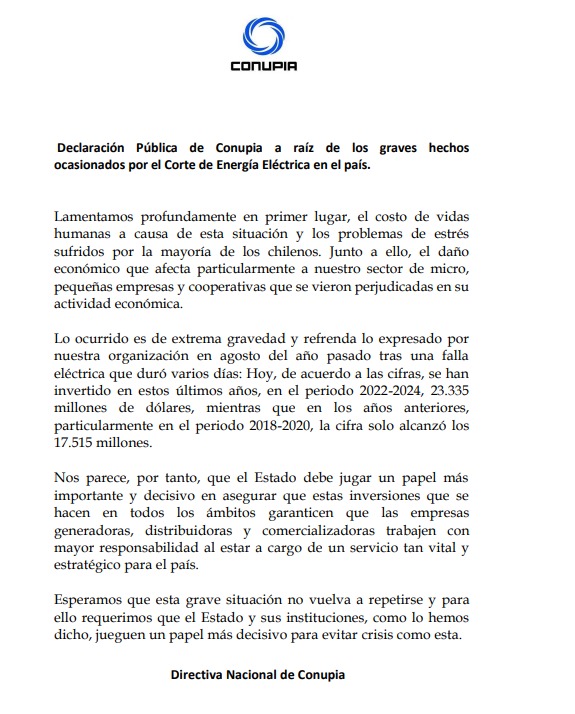 Declaración de nuestra entidad a raíz de las graves consecuencias por el corte de energía que afectó a gran parte del país.

<a href="/gobiernodechile/">Gobierno de Chile</a> <a href="/minenergia/">Ministerio de Energía</a> #CoordinadorElectricoNacional  #apagon #pymes #dirigentes