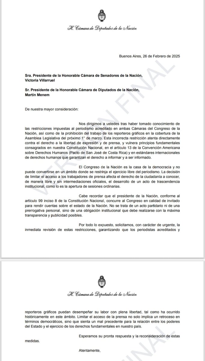 Los jefes de bloque de oposición firmaron una nota dirigida a Martín Menem para que se dé marcha atrás con las restricciones a la cobertura periodística de la Asamblea Legislativa. No es solo un reclamo de los periodistas; es defender el derecho a la libertad de expresión.